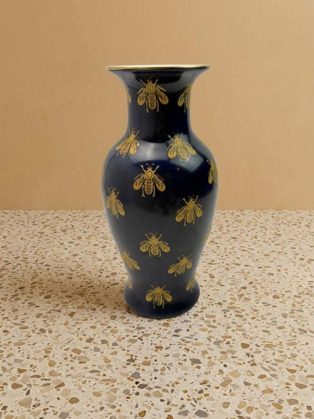 Andrea by Sadek Cobalt Blue and Gold Bee Pattern Porcelain Vase 12” tall